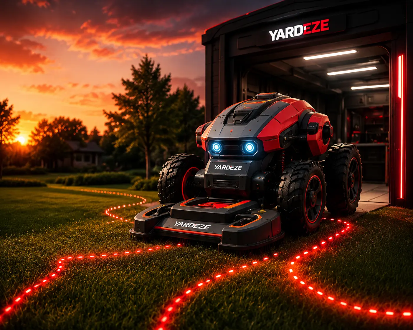Futuristic red YARDEZE mower robot outside a garage at sunset